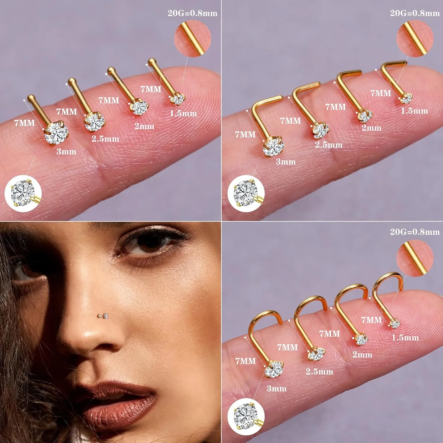 LOYALLOOK 15Pcs 20G 18G Nose Rings Studs 316L Surgical Steel Gold Nose Rings for Women Men Hypoallergenic Hinged Seamless Clicker Segment Nose Rings Hoops 6mm 8mm 10mm Helix Cartilage Tragus Conch Hoop Earrings 1.5mm-3mm Clear CZ