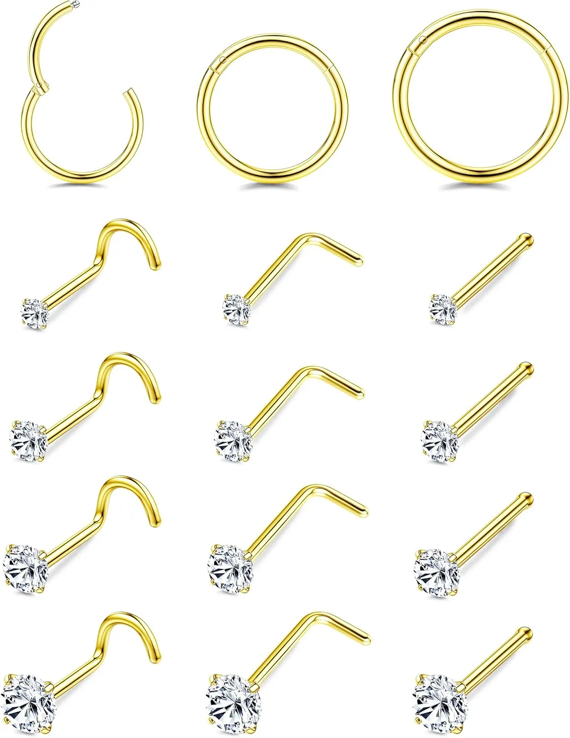 LOYALLOOK 15Pcs 20G 18G Nose Rings Studs 316L Surgical Steel Gold Nose Rings for Women Men Hypoallergenic Hinged Seamless Clicker Segment Nose Rings Hoops 6mm 8mm 10mm Helix Cartilage Tragus Conch Hoop Earrings 1.5mm-3mm Clear CZ
