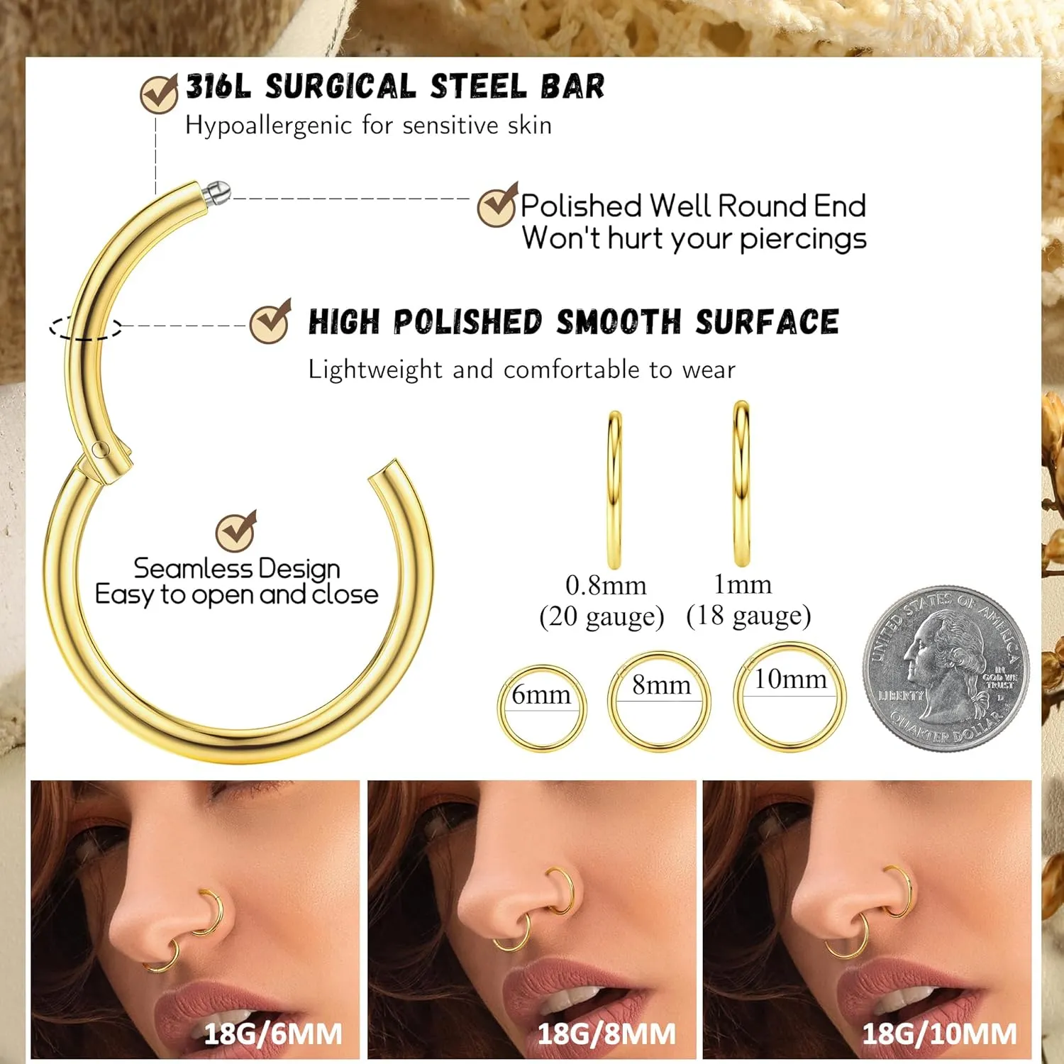 LOYALLOOK 15Pcs 20G 18G Nose Rings Studs 316L Surgical Steel Gold Nose Rings for Women Men Hypoallergenic Hinged Seamless Clicker Segment Nose Rings Hoops 6mm 8mm 10mm Helix Cartilage Tragus Conch Hoop Earrings 1.5mm-3mm Clear CZ