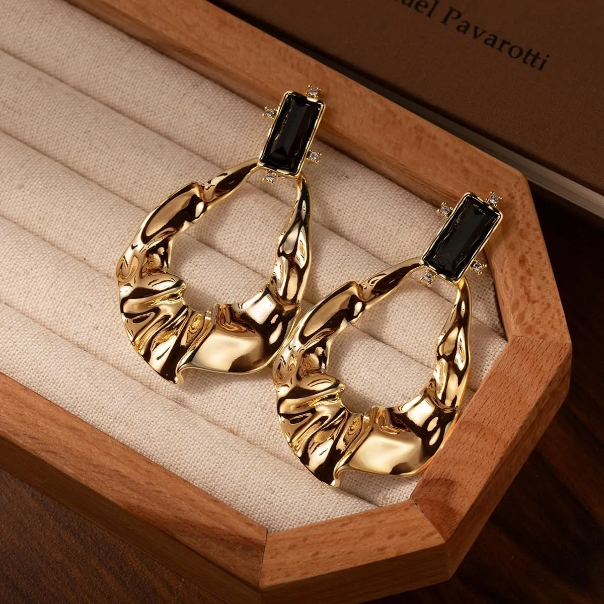 Luxury 18K Gold Plated Statement Earrings for Women  Elegant Irregular Hoop Dangle Earrings with Black Gemstone Accent