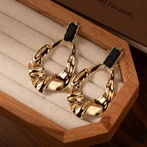 Luxury 18K Gold Plated Statement Earrings for Women  Elegant Irregular Hoop Dangle Earrings with Black Gemstone Accent