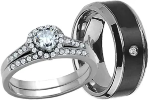 MABELLA His Hers Couple Rings Women's Stainless Steel Heart Cut AAA Cubic Zirconia Wedding Engagement Ring Bridal Sets & Men's Black Titanium Matching Band,Women's Size 8 Men's Size 9