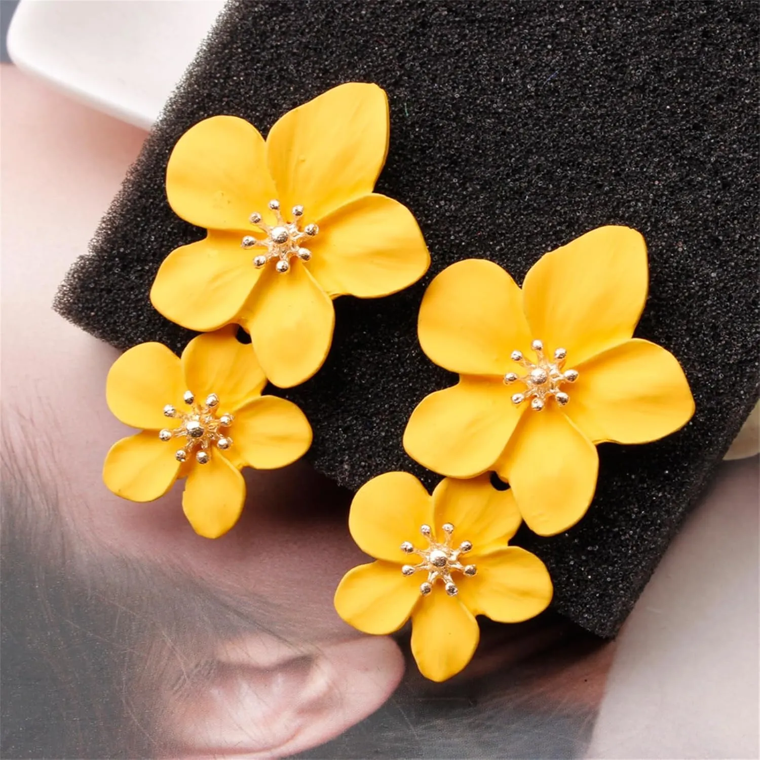 MALOYANVE Gold Large Double Flower Earrings for Women Unique Bohemian Retro Statement Gold Plated Floral Stud Earrings Elegant Chic Jewelry Gifts