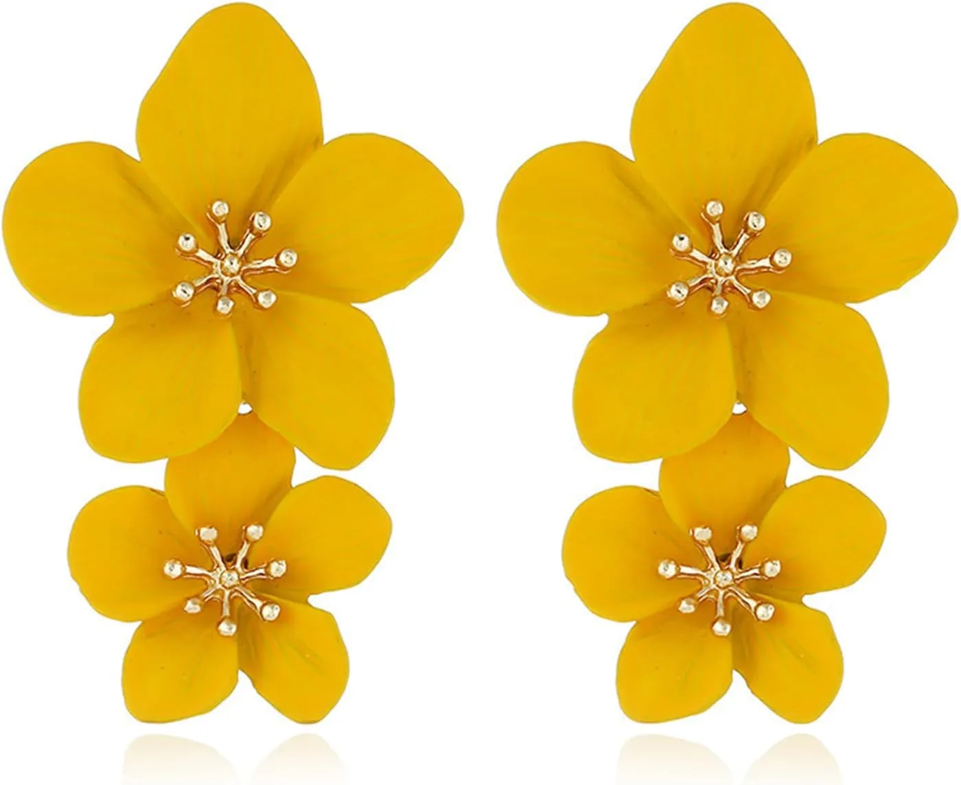 MALOYANVE Gold Large Double Flower Earrings for Women Unique Bohemian Retro Statement Gold Plated Floral Stud Earrings Elegant Chic Jewelry Gifts
