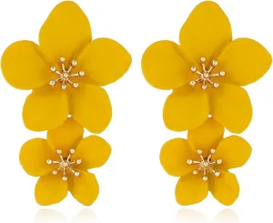 MALOYANVE Gold Large Double Flower Earrings for Women Unique Bohemian Retro Statement Gold Plated Floral Stud Earrings Elegant Chic Jewelry Gifts