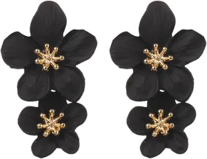 MALOYANVE Gold Large Double Flower Earrings for Women Unique Bohemian Retro Statement Gold Plated Floral Stud Earrings Elegant Chic Jewelry Gifts