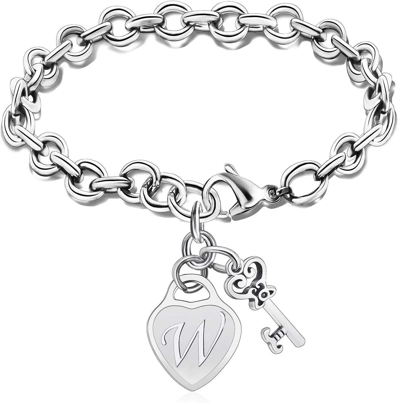 malyunin Initial Bracelets Key Heart Charm Bracelets for Women Charms Bracelet Stainless Steel Bracelet 26 Letters Jewelry Birthday Bracelet A-Z