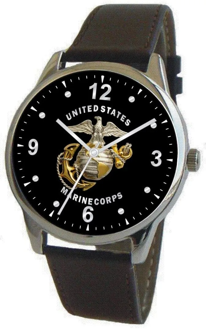 Marines Emblem Classic Watch with Large Polished Chrome Case and Black Leather Strap