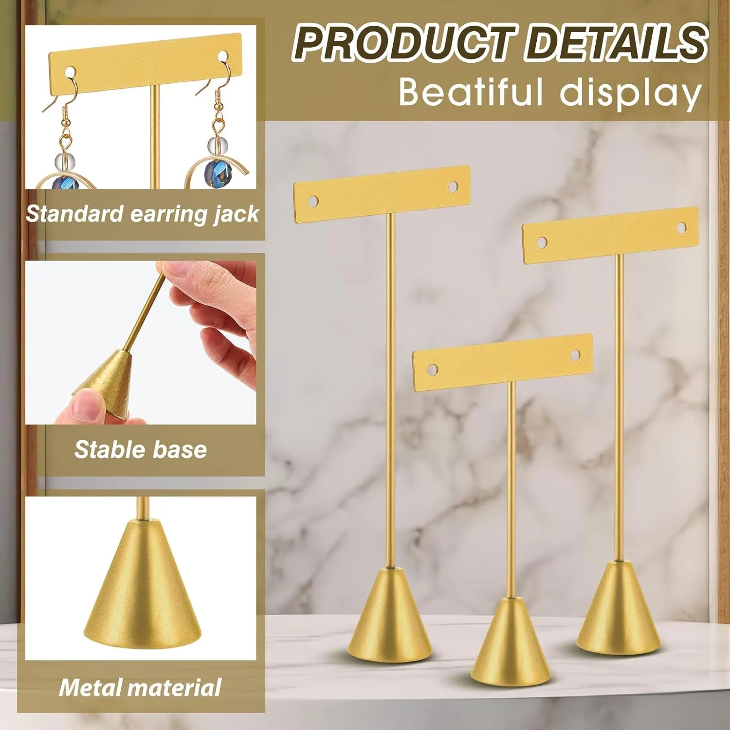 Marsui 12 Pcs Earring Display Set Earring T Bar Display Earring Holders with 3 Heights Earrings Display Stand for Jewelry(Gold)