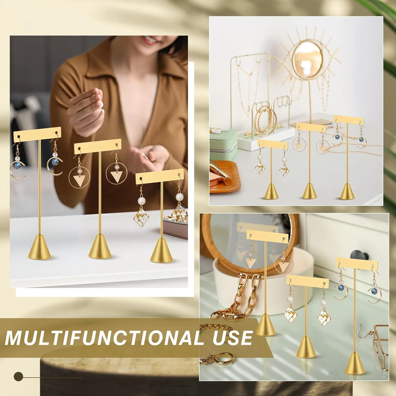 Marsui 12 Pcs Earring Display Set Earring T Bar Display Earring Holders with 3 Heights Earrings Display Stand for Jewelry(Gold)