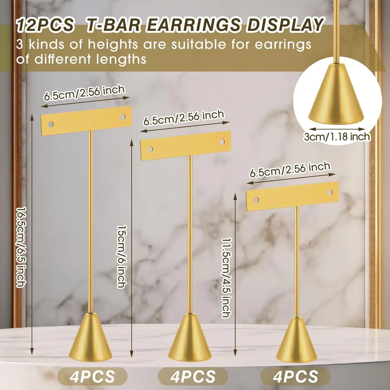 Marsui 12 Pcs Earring Display Set Earring T Bar Display Earring Holders with 3 Heights Earrings Display Stand for Jewelry(Gold)