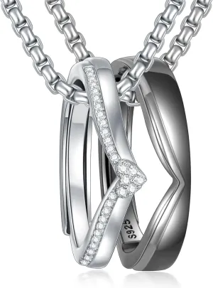 Matching Cat & Love Arrow Sterling Silver Cute Couples Heart Necklaces - Gifts for Couples