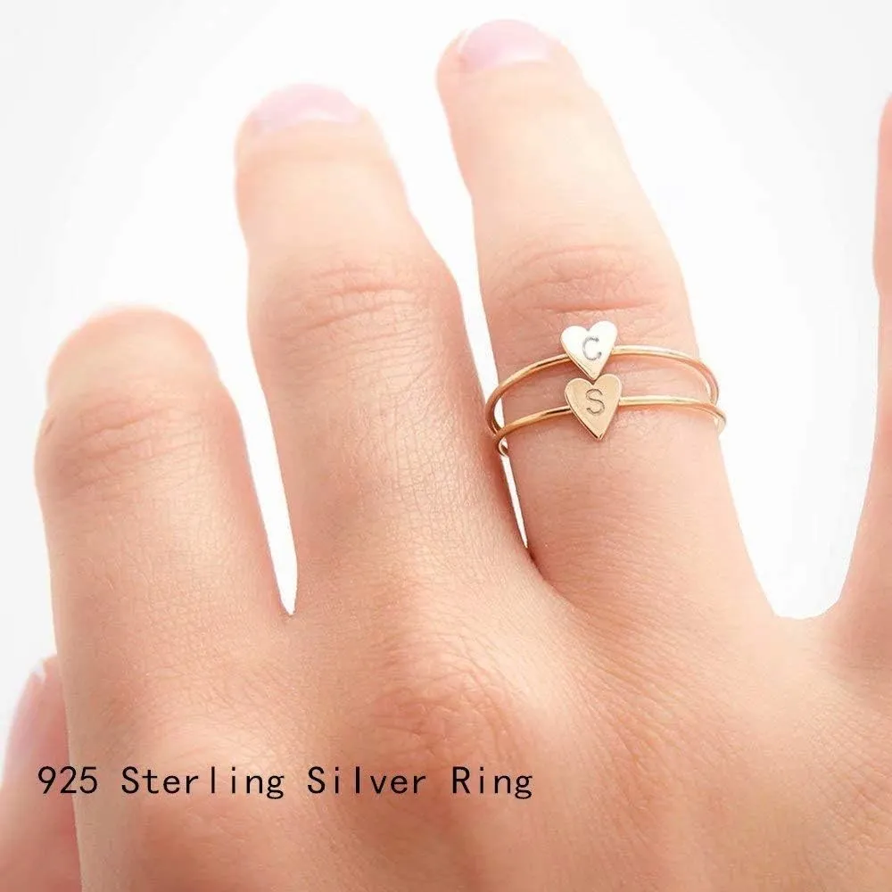 Memorjew 925 Sterling Silver Rings for Girls Women, Dainty Initial Heart Ring Stacking Ring for Women Girls Jewelry Gifts