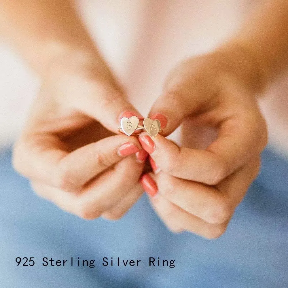Memorjew 925 Sterling Silver Rings for Girls Women, Dainty Initial Heart Ring Stacking Ring for Women Girls Jewelry Gifts