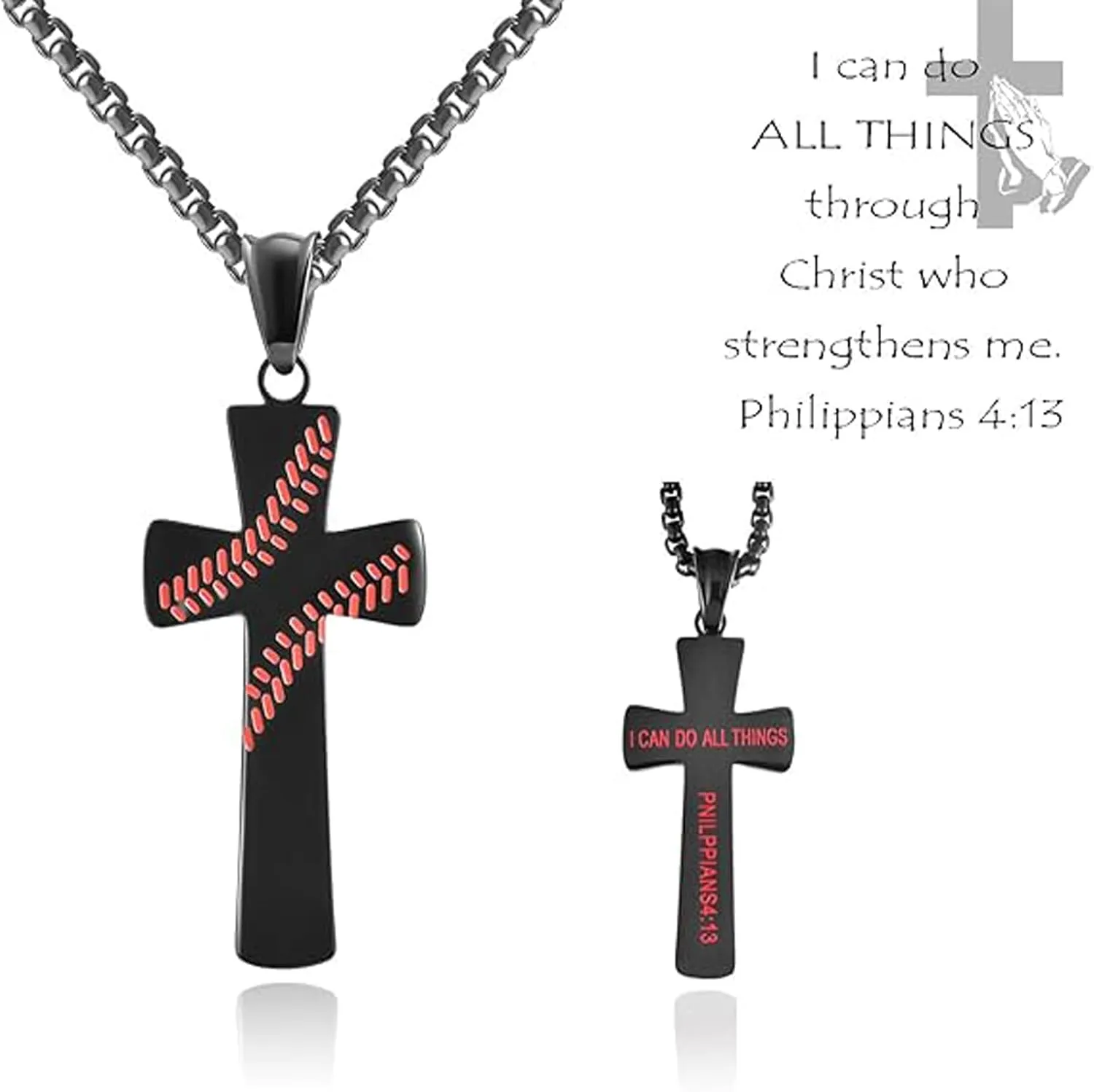 Men's Baseball Cross Necklace Stainless Steel Baseball Sports Pendant Bible Verse Philippians 4:13 I Can Do All Things Religious Jewelry for Birthday Christmas