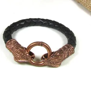 Mens Black Braided Copper Snake Head Leather Bracelet
