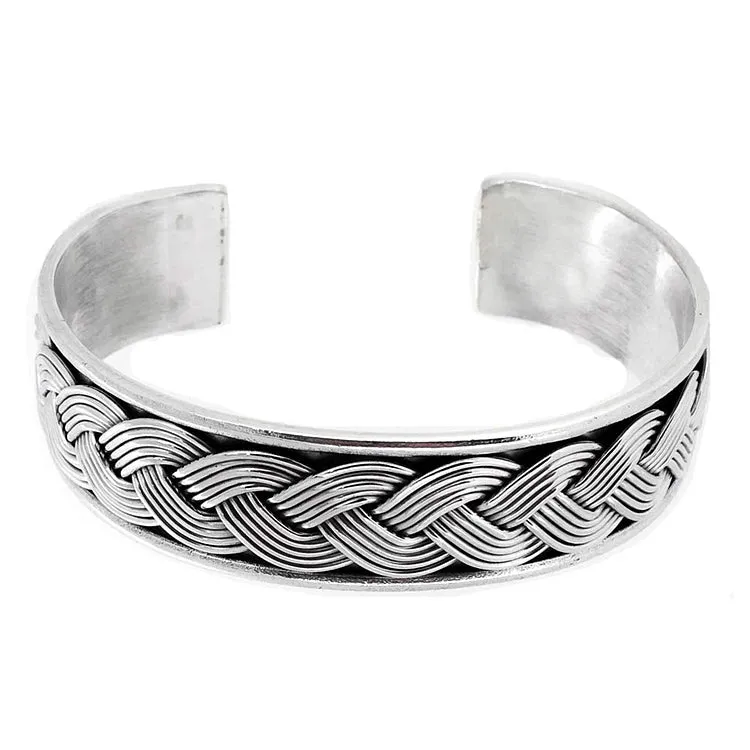 Men's Bracelet 17mm Solid Heavy 925 Silver Cuff Bangle Braided Detail | TreasureBay