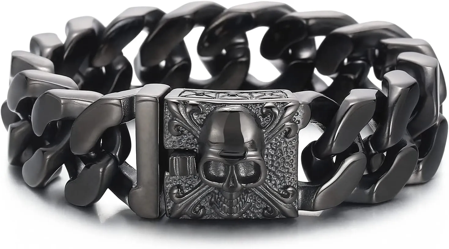Men's Gothic Skull Curb Link Chain Bracelet - Stainless Steel Punk Rock Bracelet for Men, Gothic Jewelry, Unique Gifts for Men, Adjustable Skull Bracelets, Gift for Him, Ideal for Father's Day