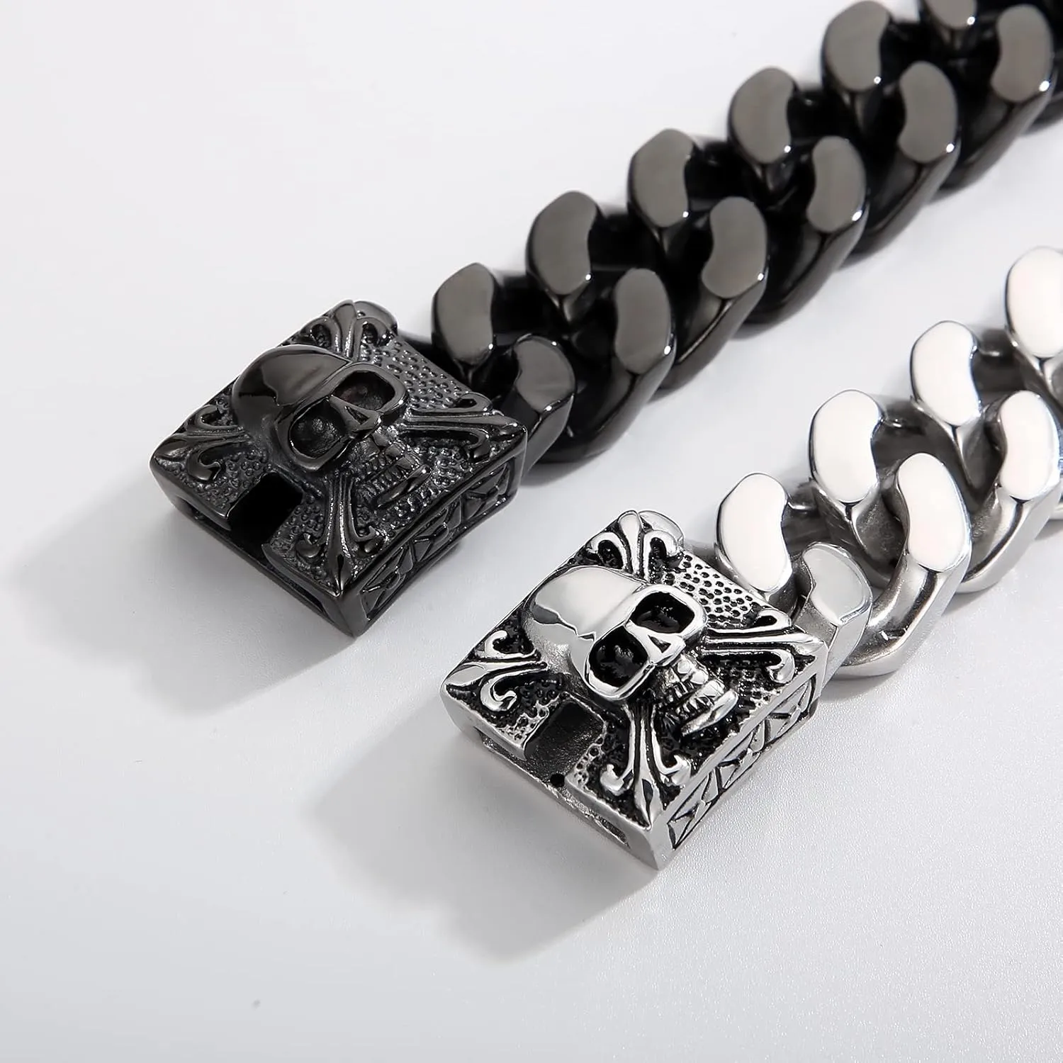 Men's Gothic Skull Curb Link Chain Bracelet - Stainless Steel Punk Rock Bracelet for Men, Gothic Jewelry, Unique Gifts for Men, Adjustable Skull Bracelets, Gift for Him, Ideal for Father's Day