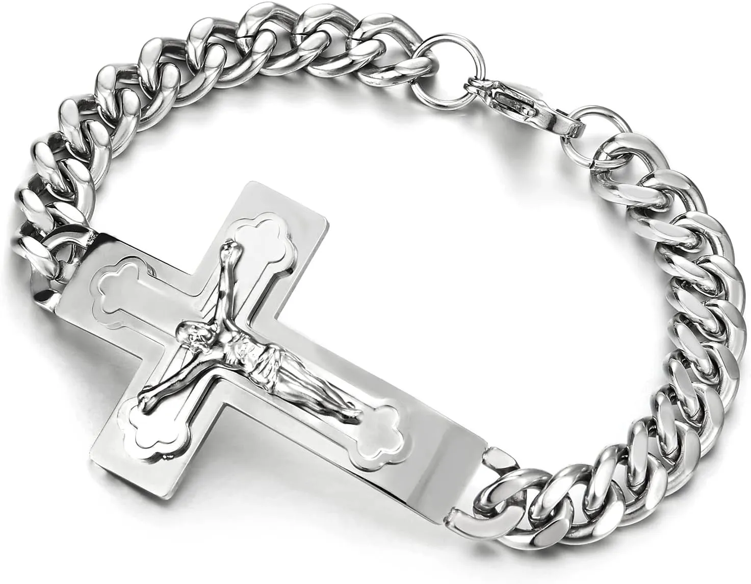 Mens Stainless Steel Jesus Christ Crucifix Cross Bracelet Curb Chain Silver Gold Color Polished