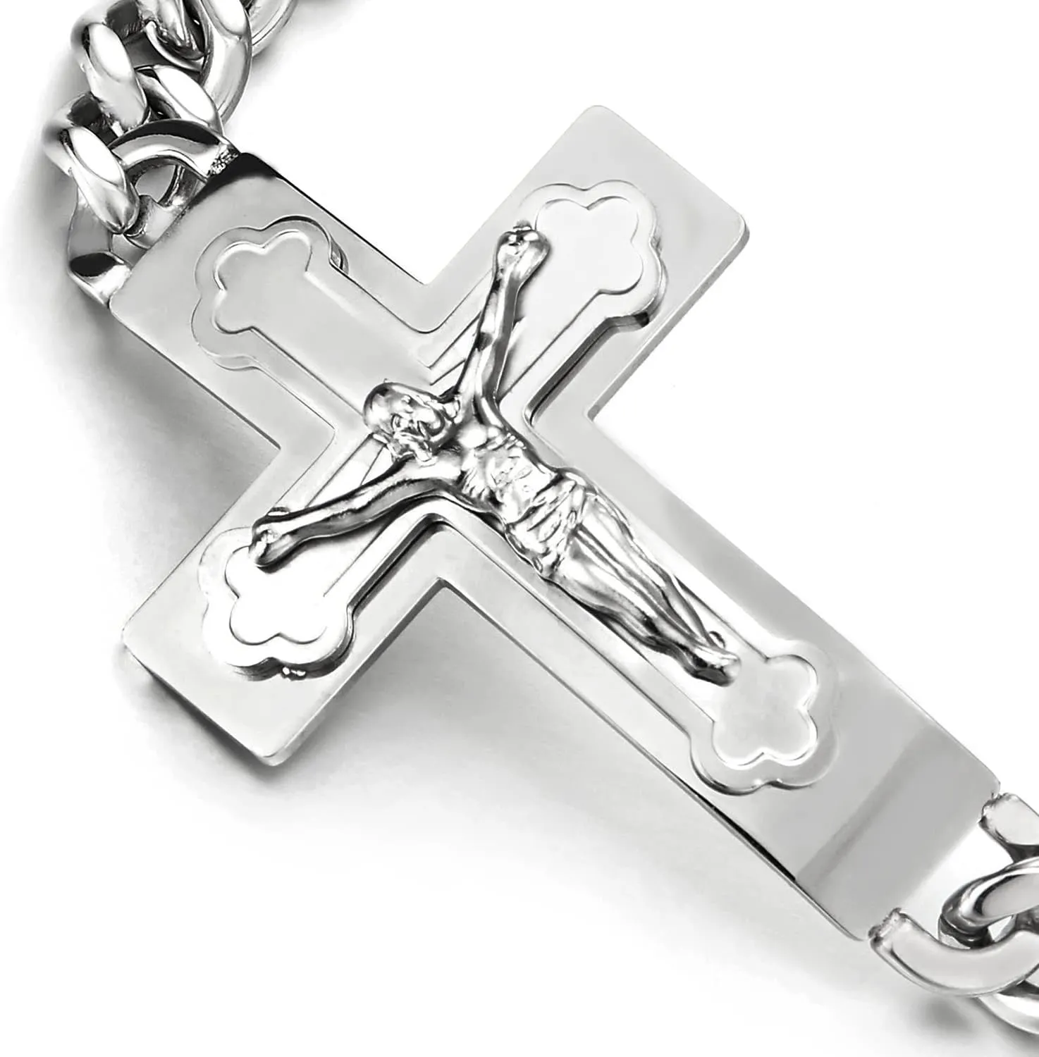 Mens Stainless Steel Jesus Christ Crucifix Cross Bracelet Curb Chain Silver Gold Color Polished