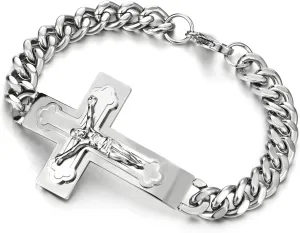 Mens Stainless Steel Jesus Christ Crucifix Cross Bracelet Curb Chain Silver Gold Color Polished