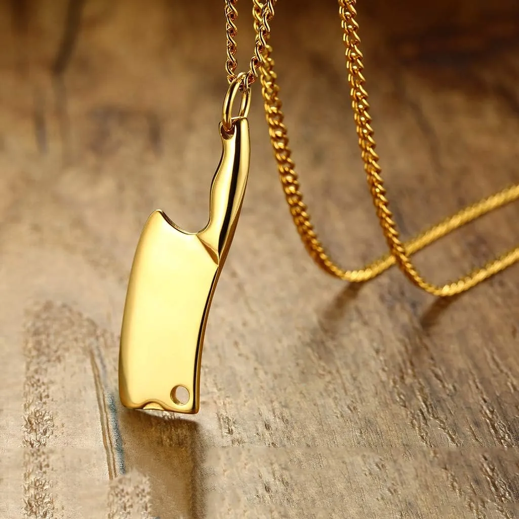 Men's Stainless Steel Necklace High Polished Kitchen Knife Pendant with Chain 4 Colors