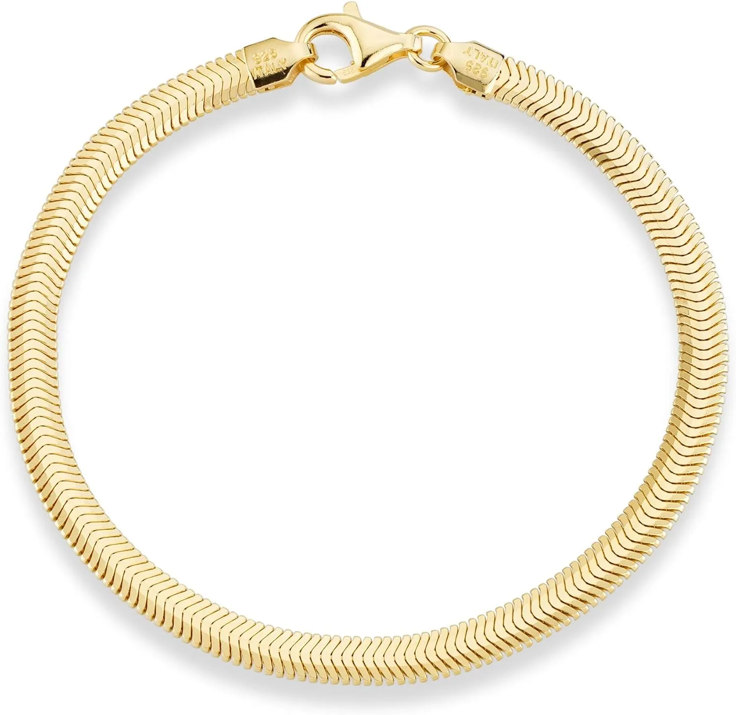 Miabella Italian Solid 925 Sterling Silver 18Kt Gold Plated 4mm Domed Herringbone Snake Chain Link Bracelet for Women Men, Made in Italy