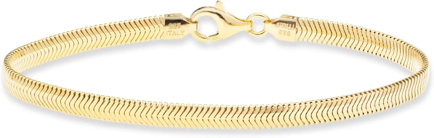 Miabella Italian Solid 925 Sterling Silver 18Kt Gold Plated 4mm Domed Herringbone Snake Chain Link Bracelet for Women Men, Made in Italy