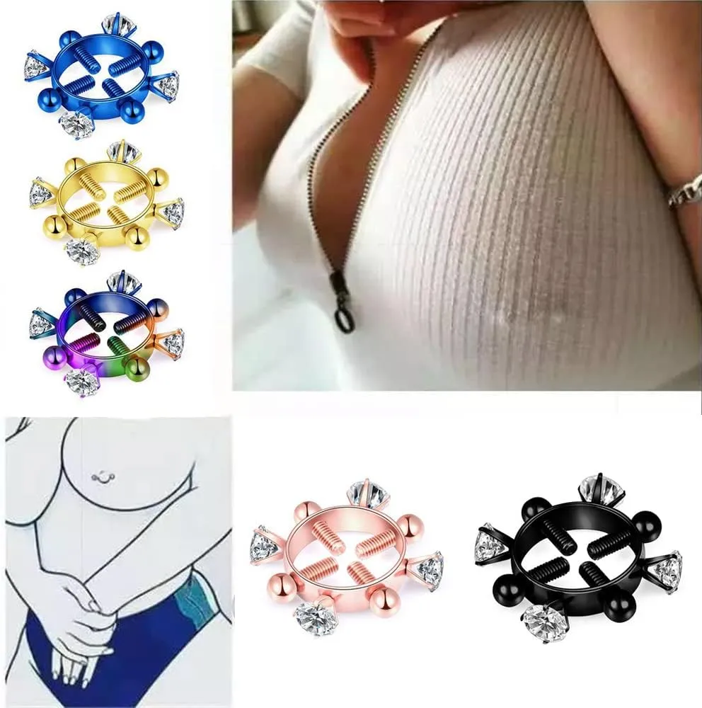 MIFYNN 2pcs Fake Nipple Rings for Women Surgical Steel Nipple Rings Cubic Zirconia Body Piercing Jewelry Adjustable Pressure Nipple Rings Nipple Shield Rings Bar Body Nipple Jewelry