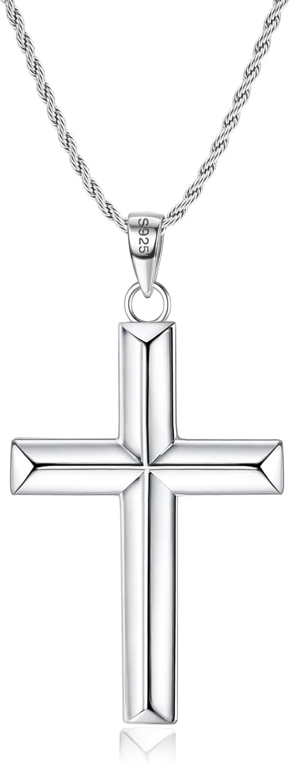 MILACOLATO Solid 925 Sterling Silver Cross Necklace for Men Women 1.5mm 2mm Durable Sterling Silver Chain with Cross Pendant for Men Silver Cross Crucifix Necklaces Jewelry 16-24 Inches (Wheat Chain/Rolo Chain/Rope Chain)