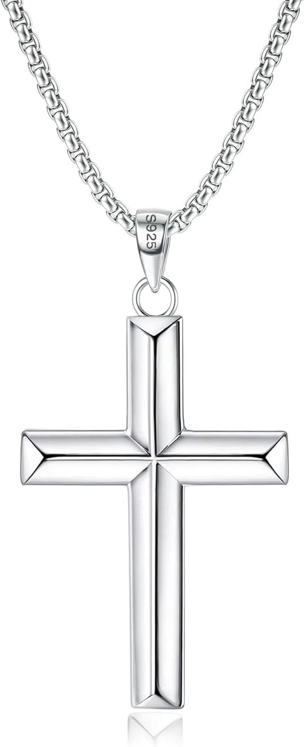 MILACOLATO Solid 925 Sterling Silver Cross Necklace for Men Women 1.5mm 2mm Durable Sterling Silver Chain with Cross Pendant for Men Silver Cross Crucifix Necklaces Jewelry 16-24 Inches (Wheat Chain/Rolo Chain/Rope Chain)