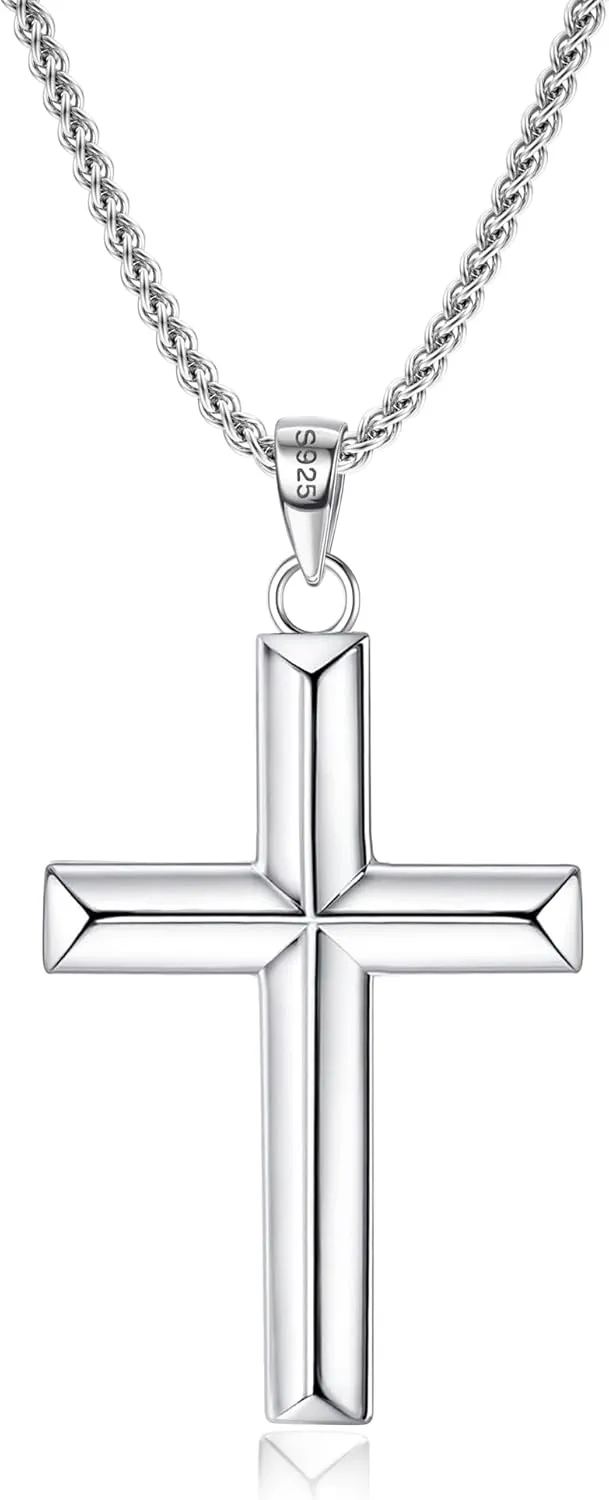 MILACOLATO Solid 925 Sterling Silver Cross Necklace for Men Women 1.5mm 2mm Durable Sterling Silver Chain with Cross Pendant for Men Silver Cross Crucifix Necklaces Jewelry 16-24 Inches (Wheat Chain/Rolo Chain/Rope Chain)