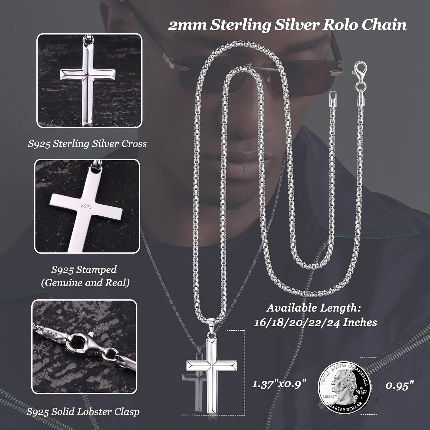 MILACOLATO Solid 925 Sterling Silver Cross Necklace for Men Women 1.5mm 2mm Durable Sterling Silver Chain with Cross Pendant for Men Silver Cross Crucifix Necklaces Jewelry 16-24 Inches (Wheat Chain/Rolo Chain/Rope Chain)