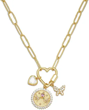 Milla 14K Gold Plated Charm Necklace for Women, 18 inches Paperclip Chain and 2 inches Extension, with Pendants on Carabiner. Safe and Hypoallergenic