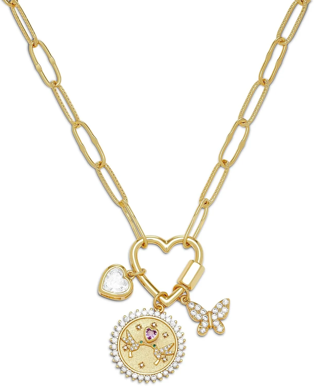 Milla 14K Gold Plated Charm Necklace for Women, 18 inches Paperclip Chain and 2 inches Extension, with Pendants on Carabiner. Safe and Hypoallergenic