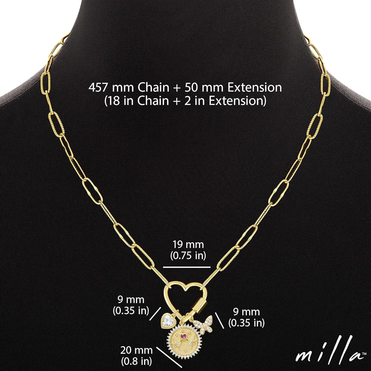 Milla 14K Gold Plated Charm Necklace for Women, 18 inches Paperclip Chain and 2 inches Extension, with Pendants on Carabiner. Safe and Hypoallergenic