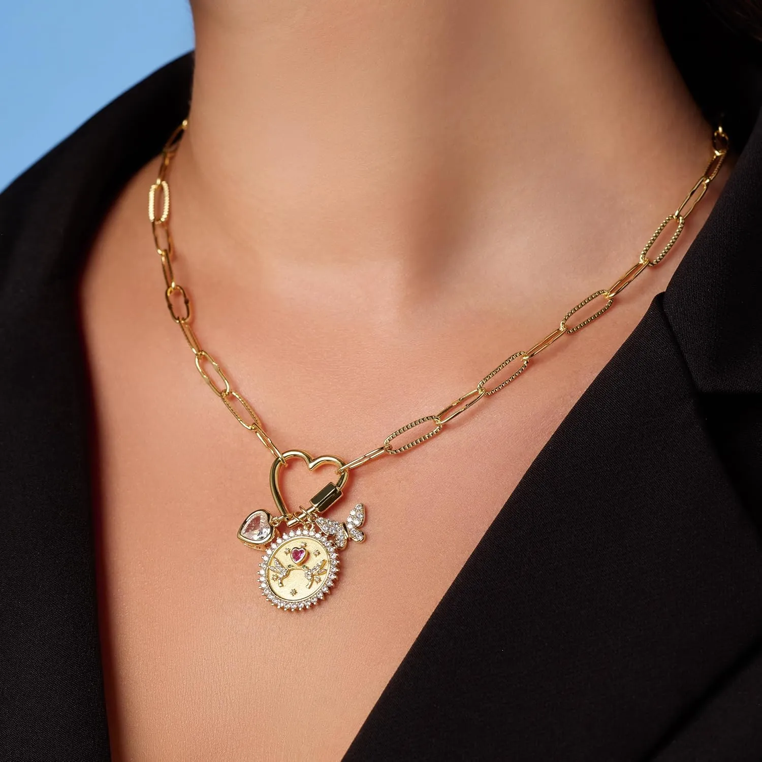 Milla 14K Gold Plated Charm Necklace for Women, 18 inches Paperclip Chain and 2 inches Extension, with Pendants on Carabiner. Safe and Hypoallergenic