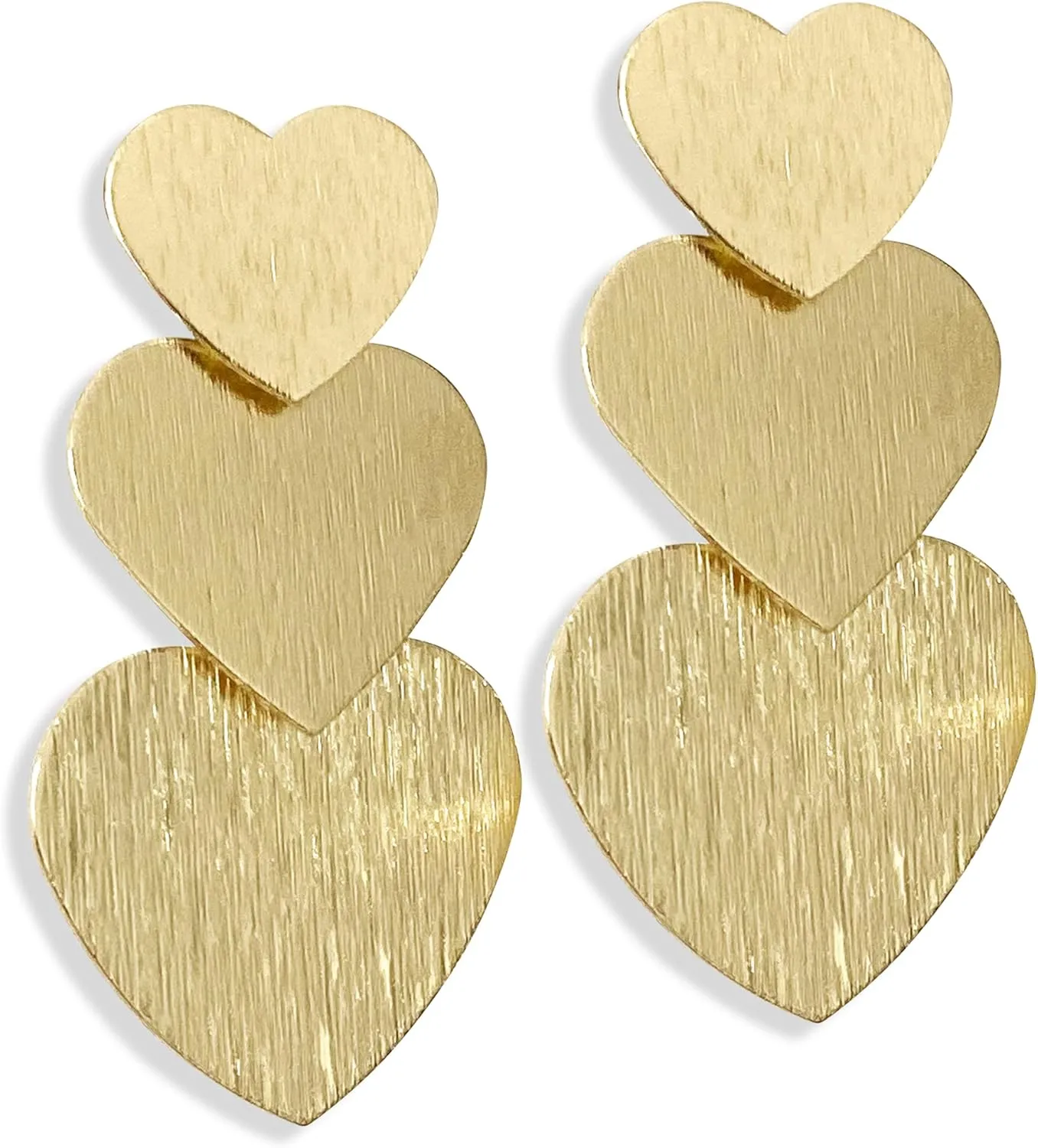 Minimalist Chic 14K Gold Metal Three Heart Chain Dangle Drop Earrings Dainty Sparkly Silver Brushed Love Heart Stud Earrings for Women Valentine's Day Jewelry gift