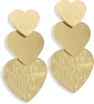 Minimalist Chic 14K Gold Metal Three Heart Chain Dangle Drop Earrings Dainty Sparkly Silver Brushed Love Heart Stud Earrings for Women Valentine's Day Jewelry gift