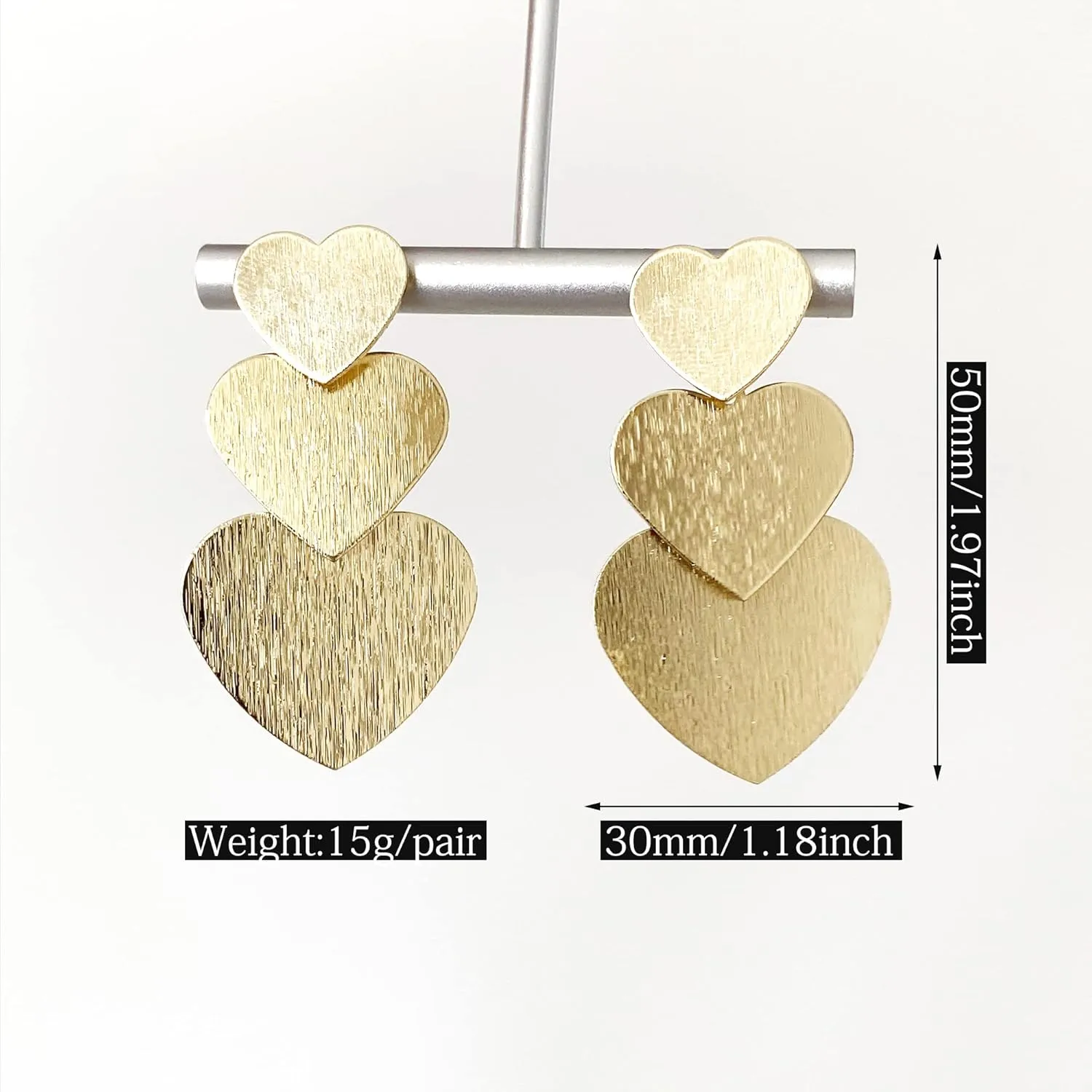 Minimalist Chic 14K Gold Metal Three Heart Chain Dangle Drop Earrings Dainty Sparkly Silver Brushed Love Heart Stud Earrings for Women Valentine's Day Jewelry gift