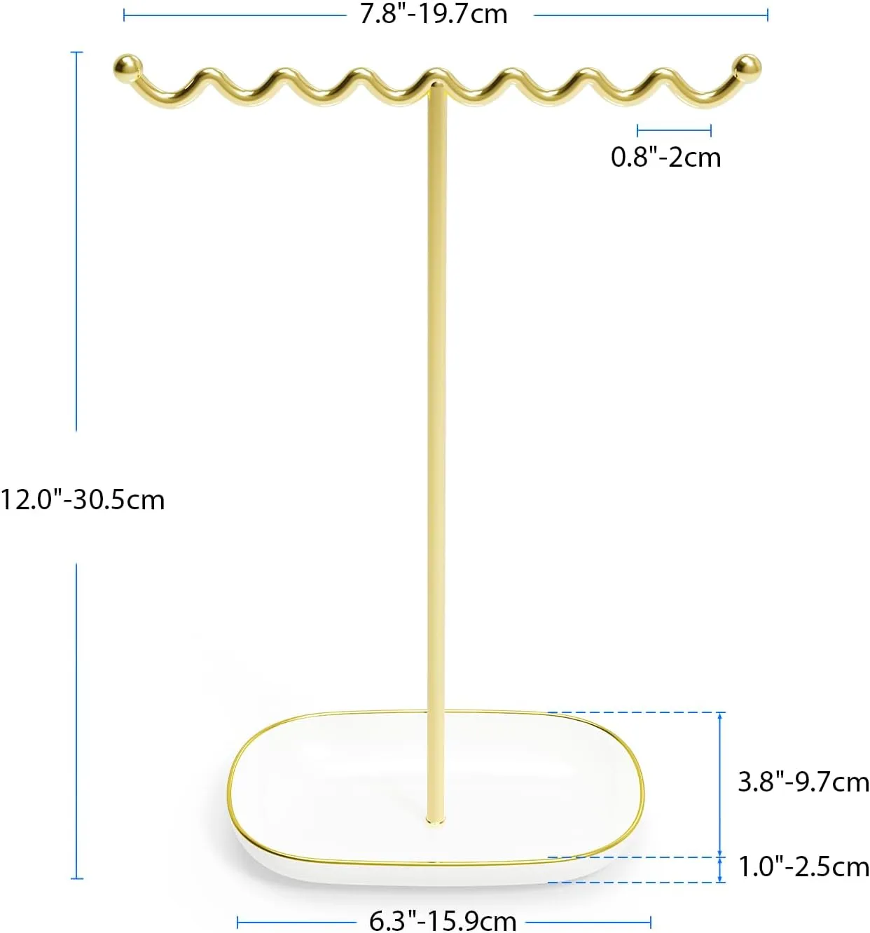 Modern Jewelry Holder Stand with Ceramic Dish - Gold Necklace Display Organizer with Wave Rod for Women, Square Jewelry Tree Stand with Tray for Necklaces Bracelets Rings White & Gold
