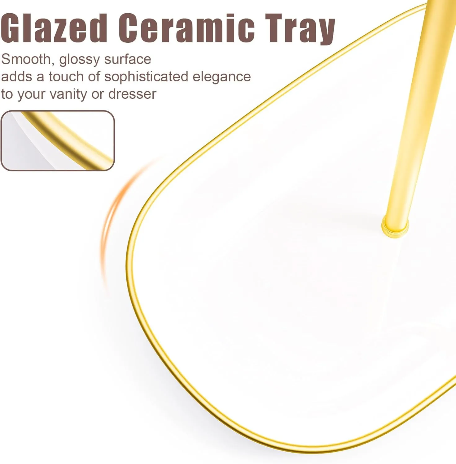 Modern Jewelry Holder Stand with Ceramic Dish - Gold Necklace Display Organizer with Wave Rod for Women, Square Jewelry Tree Stand with Tray for Necklaces Bracelets Rings White & Gold