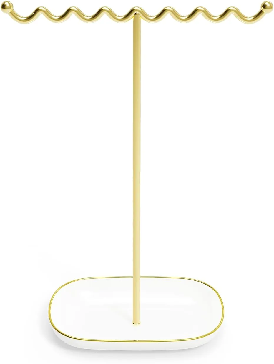 Modern Jewelry Holder Stand with Ceramic Dish - Gold Necklace Display Organizer with Wave Rod for Women, Square Jewelry Tree Stand with Tray for Necklaces Bracelets Rings White & Gold