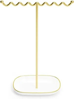 Modern Jewelry Holder Stand with Ceramic Dish - Gold Necklace Display Organizer with Wave Rod for Women, Square Jewelry Tree Stand with Tray for Necklaces Bracelets Rings White & Gold