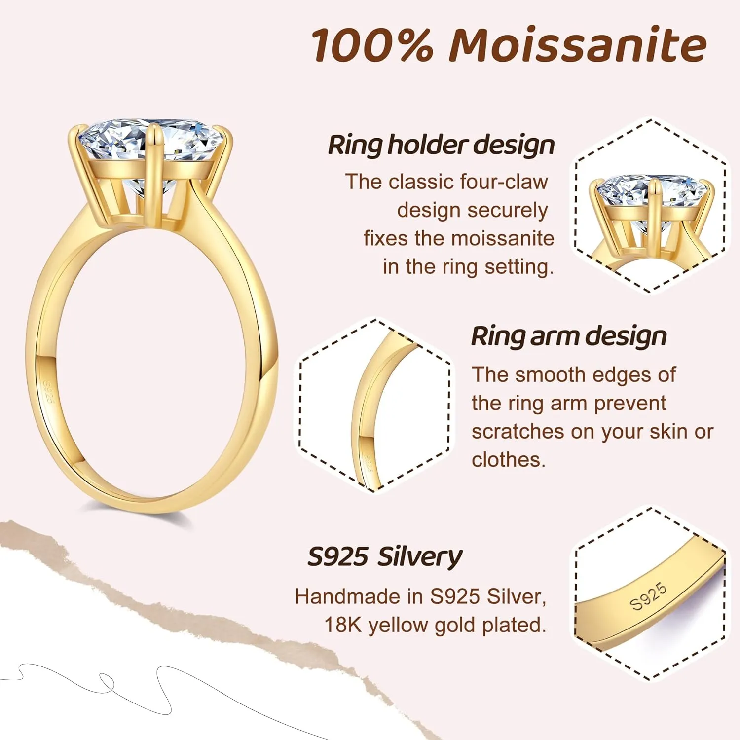 Moissanite Engagement Rings for Women,Promise Rings 925 Sterling Silver with 18K Yellow/White Gold Plated,D Color VVS1 Wedding Band Moissanite Ring 0.5/1/1.5/2/3/4CT