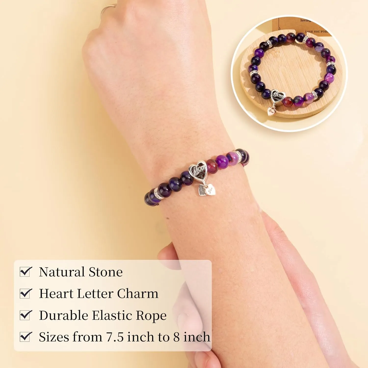 Mom Bracelets for Women - Gifts for Mom from Daughter- Amethyst Bracelet 8MM Healing Crystals Natural Amethyst Beads Handmade Bracelets Mothers Day Gifts Mom Birthday Gifts Christmas Gifts