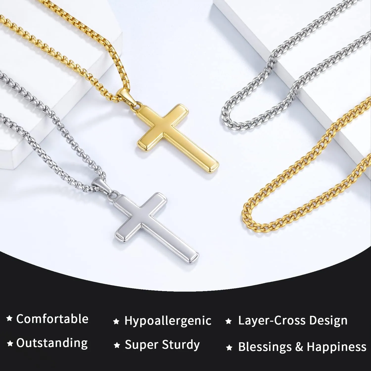 Momlovu Ultra Luxury Cross Necklace for Men, Sturdy Gold Silver Men's Pendant Necklaces Cross Chain for Men, Birthday, Christmas Jewelry Gifts 18,20,22,24 Inch