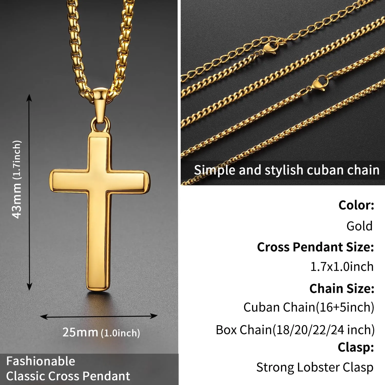 Momlovu Ultra Luxury Cross Necklace for Men, Sturdy Gold Silver Men's Pendant Necklaces Cross Chain for Men, Birthday, Christmas Jewelry Gifts 18,20,22,24 Inch