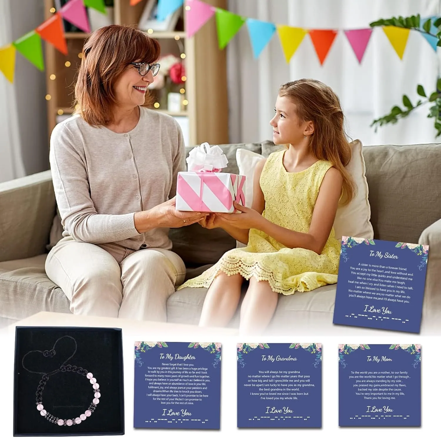 Mother's Day Gifts Grandma Bracelets for Women Morse Code Bracelets,Friendships Inspirational gifts for Women Mother's Day Birthday Christmas Gifts for Grandma (Pink Crystal, Grandma)